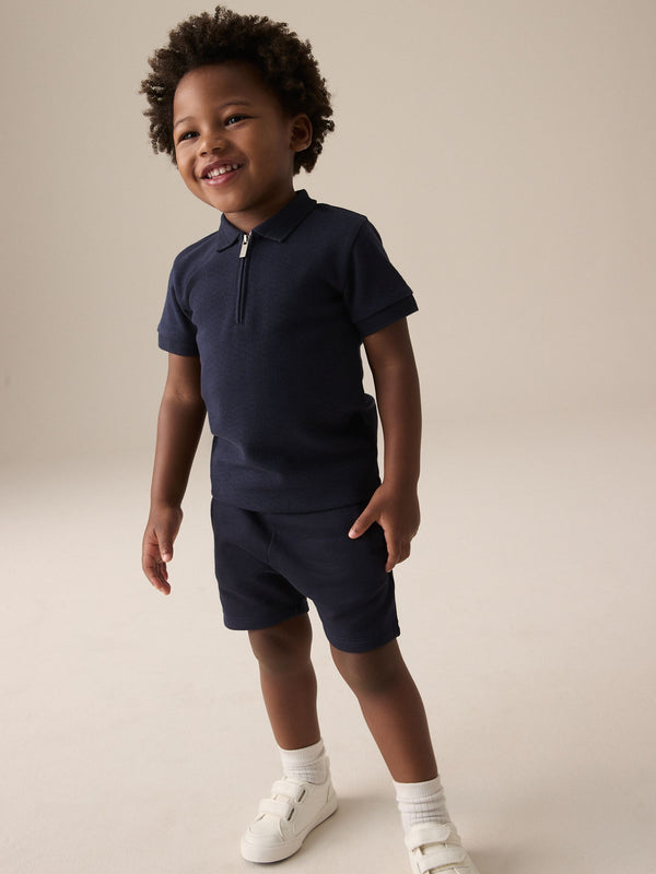 Navy Textured Short Sleeve Zip Neck Polo Shirt And Shorts Set (3mths-7yrs)