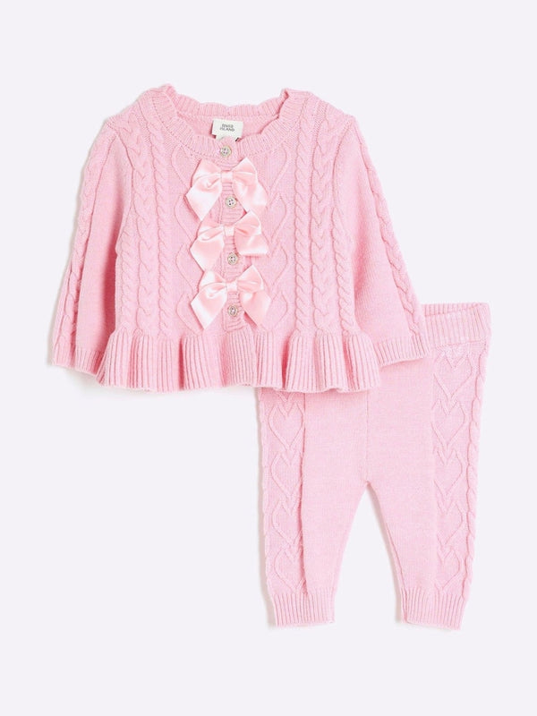 River Island Pink Baby Girls Knit 100% Cotton Cardigan Set immediate