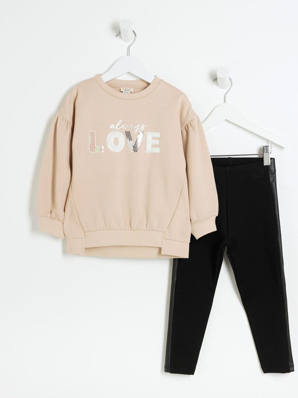 River Island Brown Girls Love 100% Cotton Sweat and Leggings Set