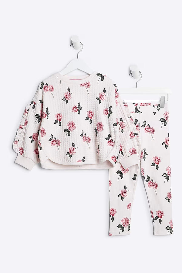 River Island Pink Girls Waffle Sweat and Leggings Set