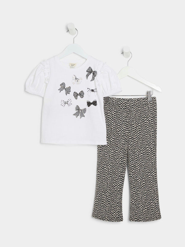 River Island White Girls Bow 100% Cotton T-Shirts and Kickflare Set