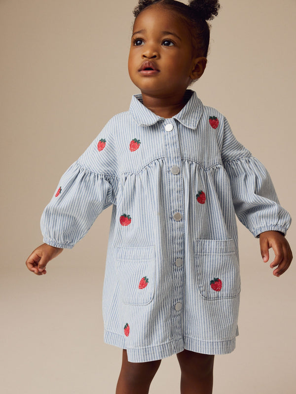 Blue Stripe Strawberry Embroidered 100% Cotton Denim Shirt Dress (3mths-8yrs)