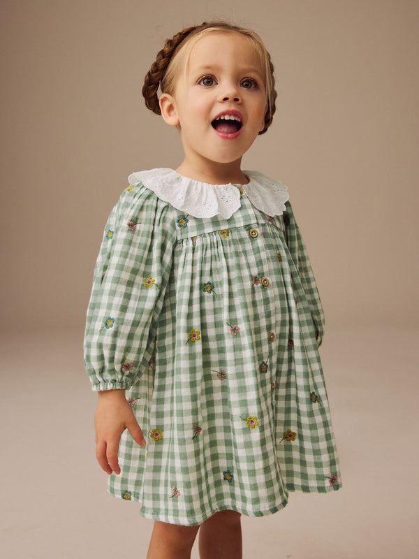 Green Check Embroidered Collar Long Sleeve 100% Cotton Dress (3mths-8yrs)