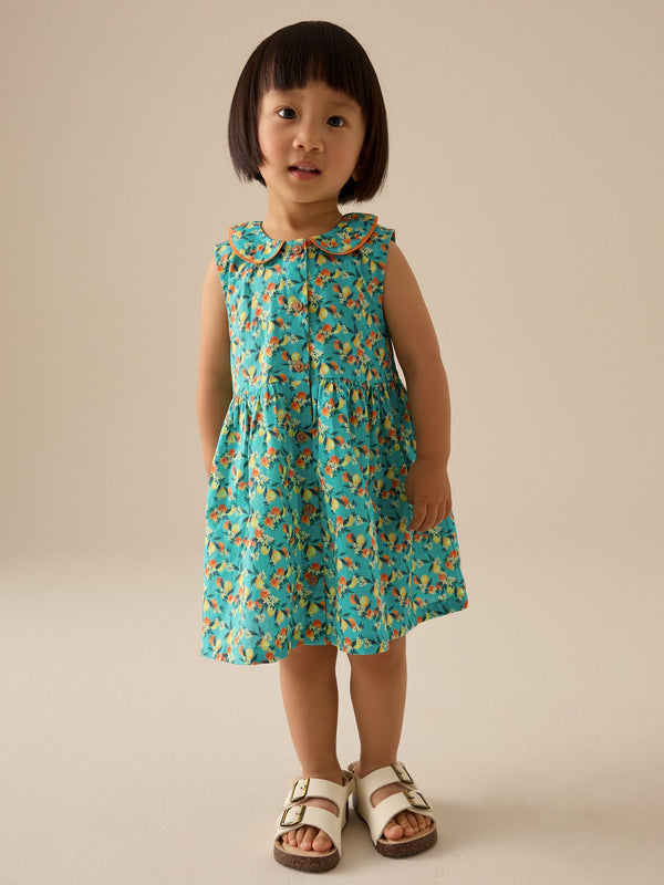 Teal Blue Printed Sleeveless 100% Cotton Collar Dress (3mths-10yrs)