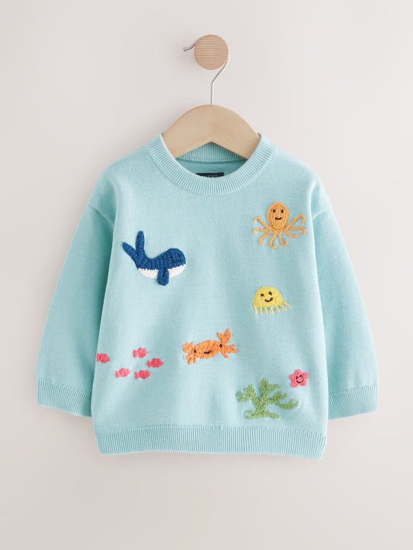 Blue 100% Cotton Sea Life Character Knitted Crew Neck Jumper (3mths-7yrs)