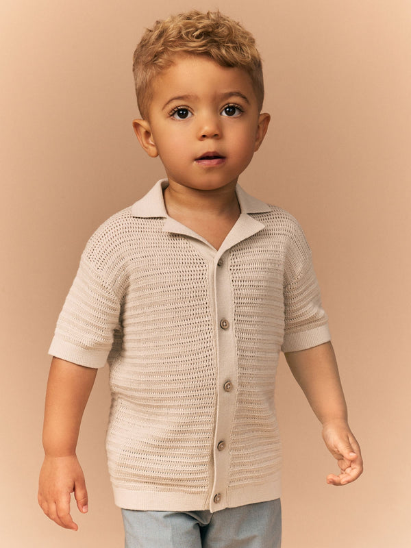 Stone Textured Revere Collar Short Sleeve Knitted 100% Cotton Polo Shirt (3mths-7yrs)