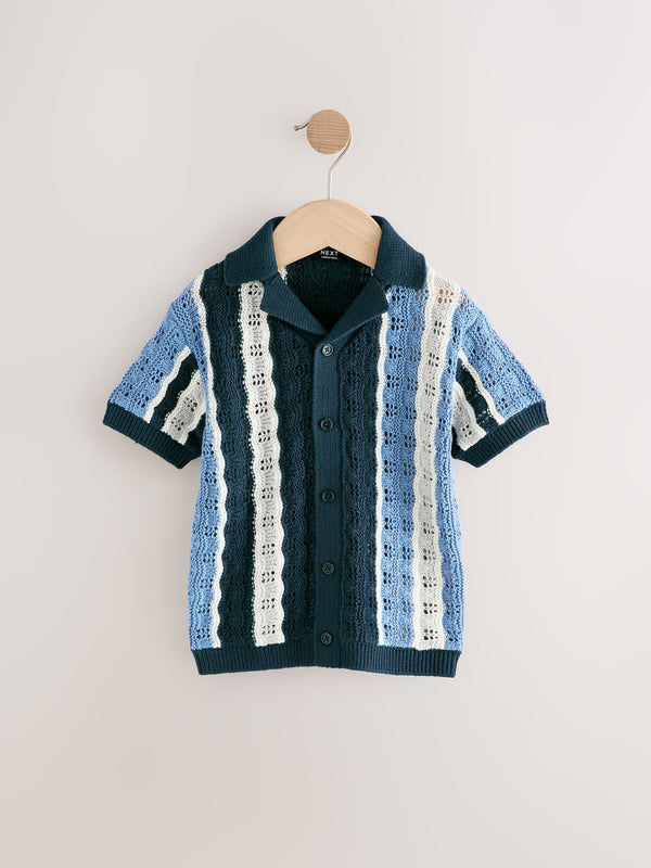 Blue Crochet Revere Collar Short Sleeve Knitted Polo Shirt (3mths-7yrs)