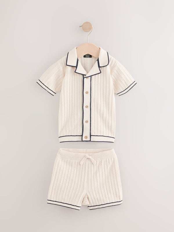 Ecru Knitted Button Through 100% Cotton Polo Shirt and Shorts Set (3mths-10yrs)