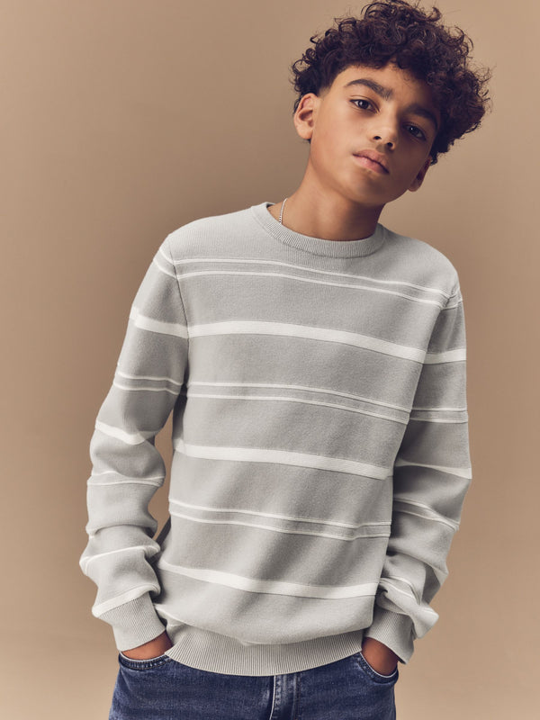 Light Grey Knitted Stripe Crew Neck 100% Cotton Jumper (3-16yrs)