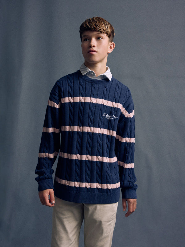 Navy Blue Stripe Mock Shirt Crew Neck Jumper (3-16yrs)