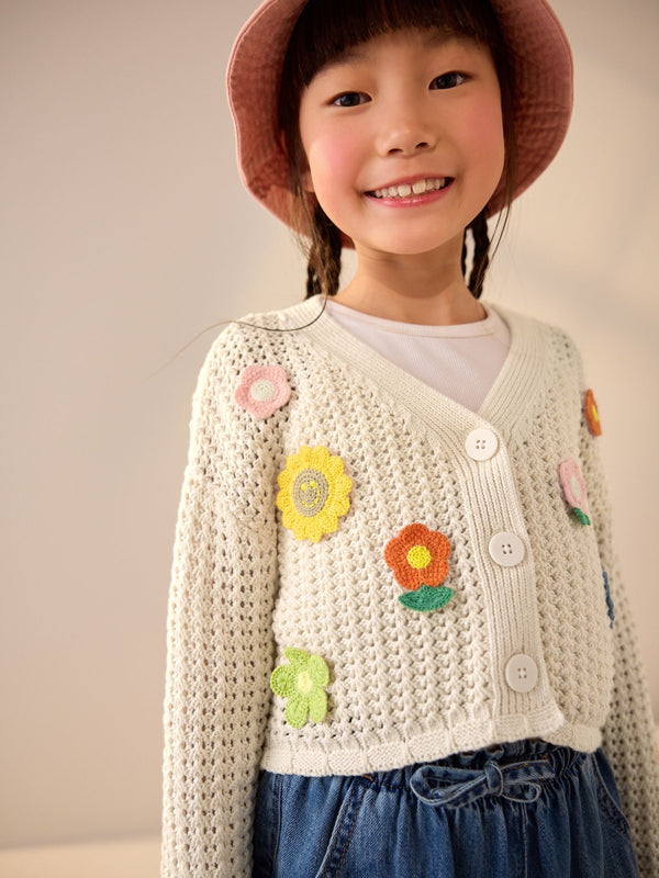 Ecru Crochet Flower Print 100% Cotton Cardigan (3-16yrs)