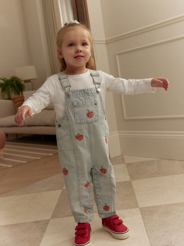 Stripe Strawberry Embroidered 100% Cotton Dungarees (3mths-7yrs)