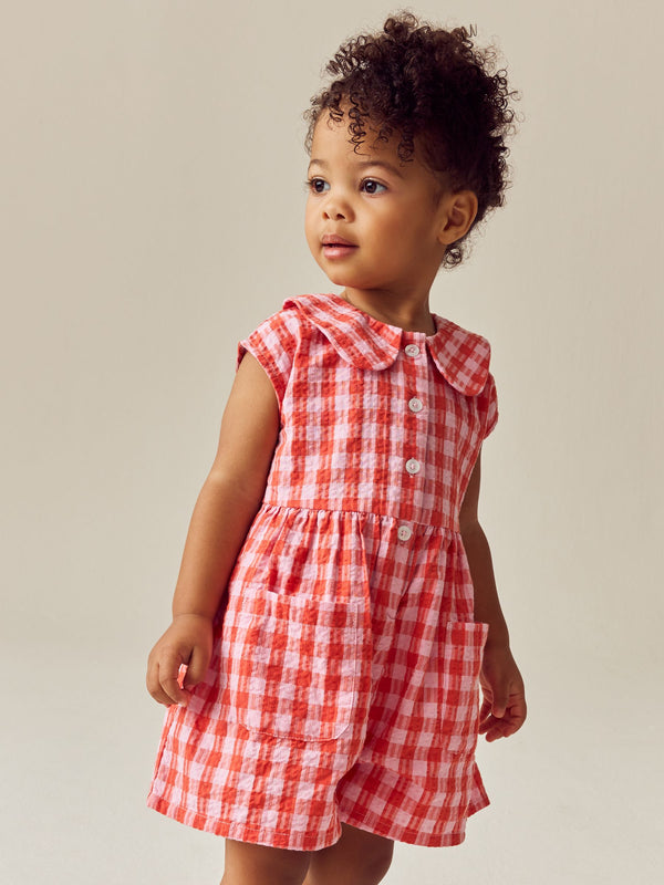 Red Shirt Collar 100% Cotton Playsuit (3mths-7yrs)