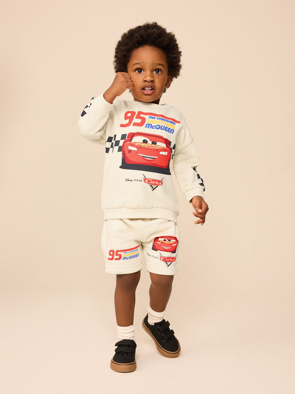 White/Black 100% Cotton Cars Crew Sweatshirt and Shorts Set (9mths-8yrs)