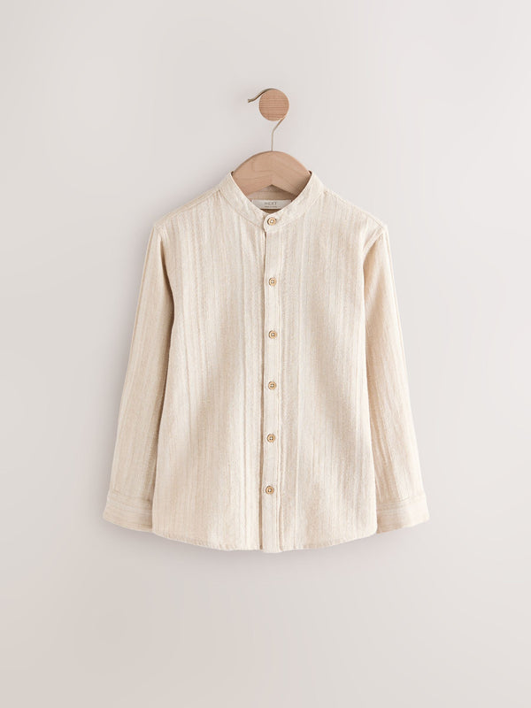 Neutral Long Sleeve Grandad Collar Cotton/Linen Mix Texture Shirt (3-16yrs)