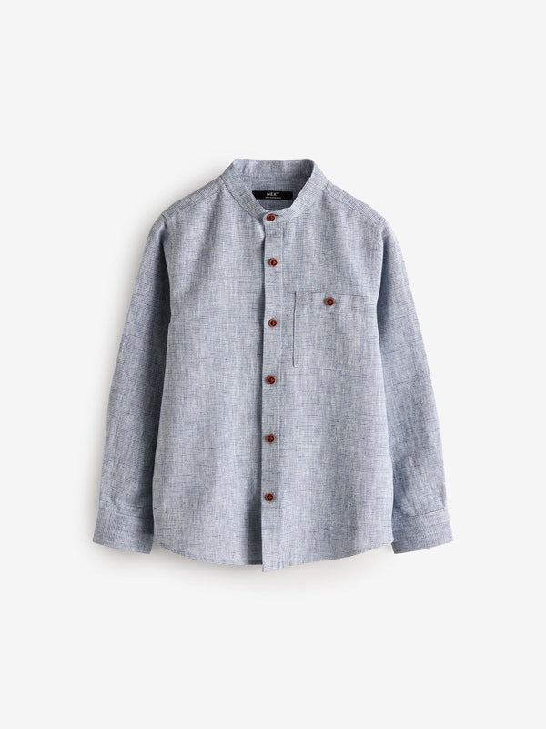 Blue Long Sleeve Grandad Collar Cotton/Linen Mix Texture Shirt (3-16yrs)