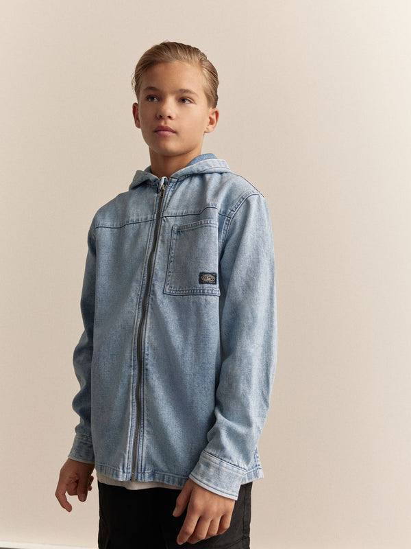 Denim Lightwash Overshirt 100% Cotton Denim Zip Through Hoodie (3-16yrs)