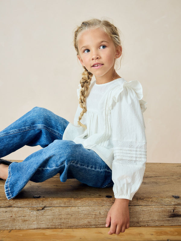 White Long Sleeve Frill 100% Cotton Blouse (3-16yrs)