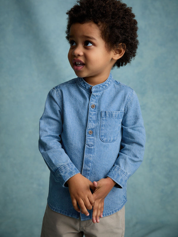 Blue Denim 100% Cotton Long Sleeve Grandad Collar Denim Shirt (3mths-7yrs)