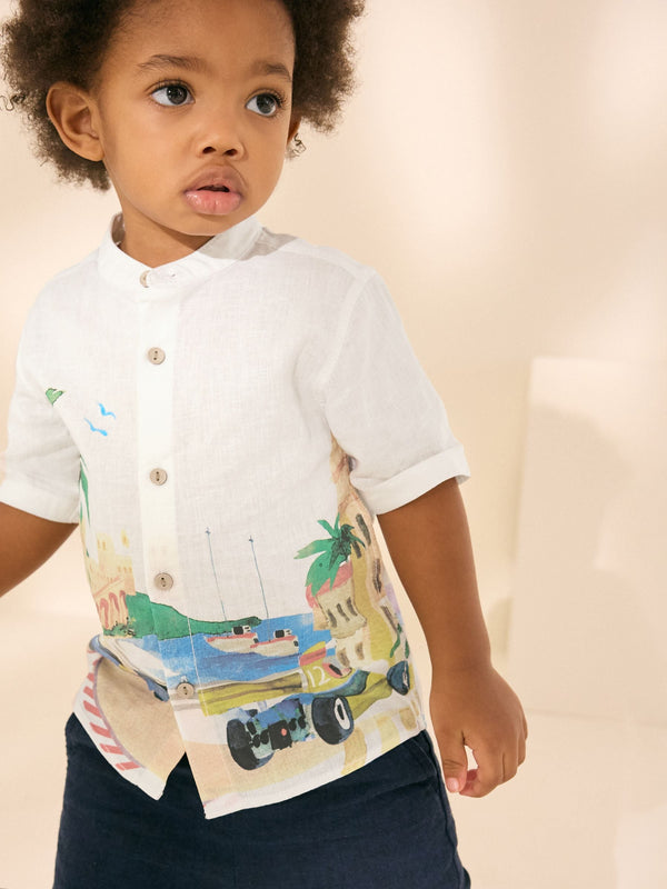 Cream Border Monaco Short Sleeves Grandad Collar Printed Shirt (3mths-7yrs)