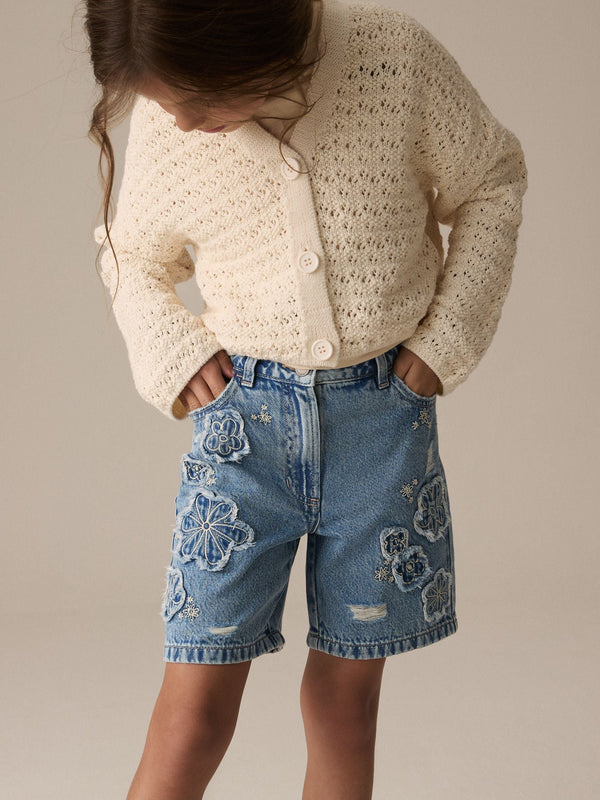 Denim 100% Cotton Denim Knitted Flower Shorts (3-16yrs)