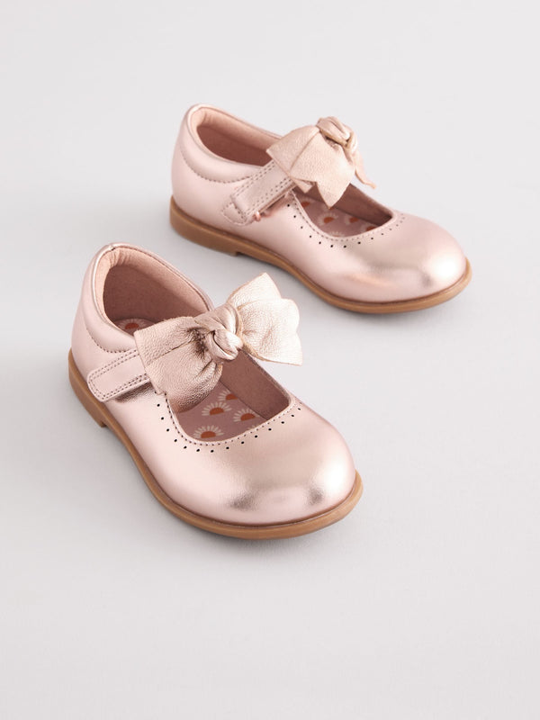 Gold Bow Leather Touch Fastening Shoes