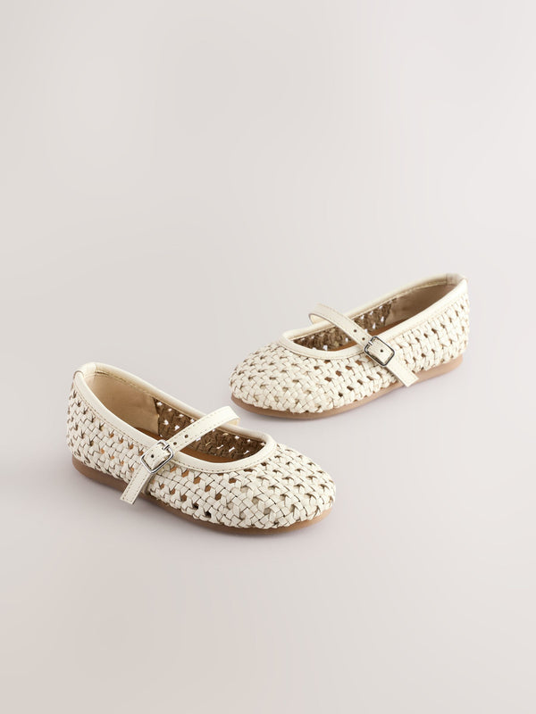 Neutral White Leather Woven Mary Jane Shoes