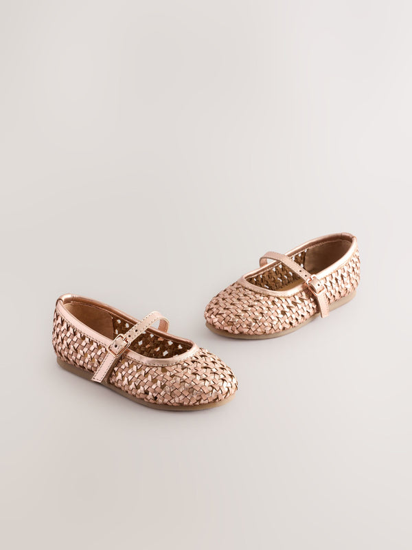 Rose Gold Leather Woven Mary Jane Shoes