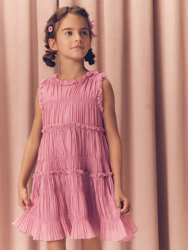 Pink Shirred Ruffle Party Dress (3-16yrs)