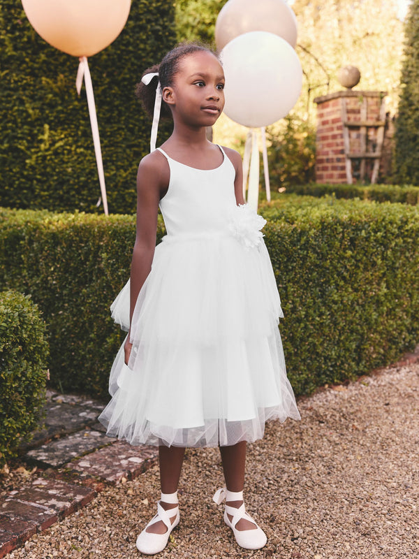 White Corsage Tulle Flower Girl Dress (3-16yrs)