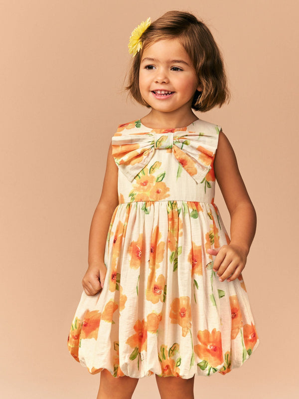 Orange Floral Bubble Hem Bow Dress (3mths-8yrs)