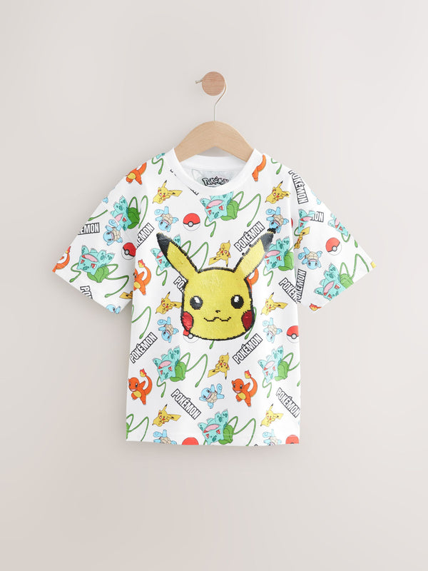 White All Over Print Pokémon Sequin Short Sleeve T-Shirt (4-14yrs)