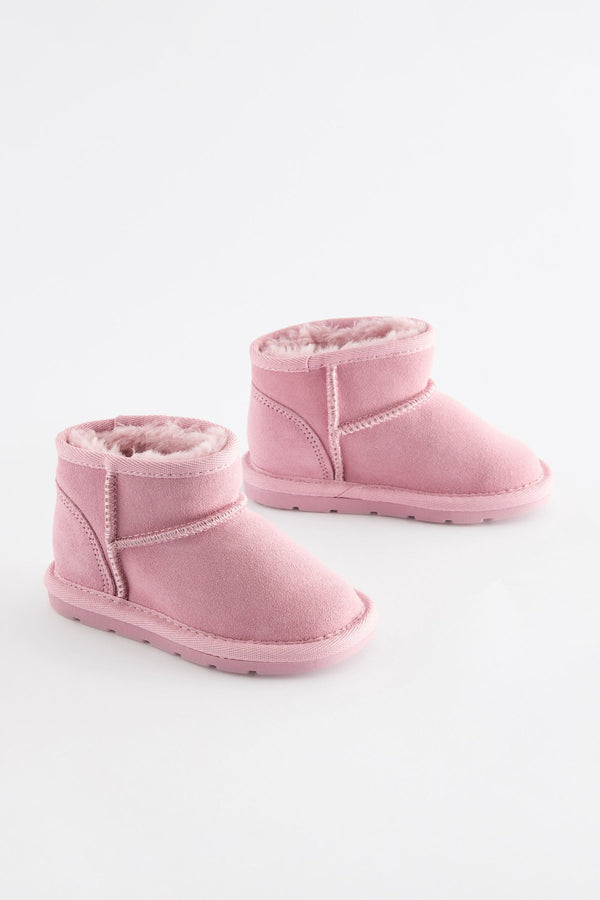 Pink Mini Faux Fur Lined Water Repellent Pull-On Suede Boots