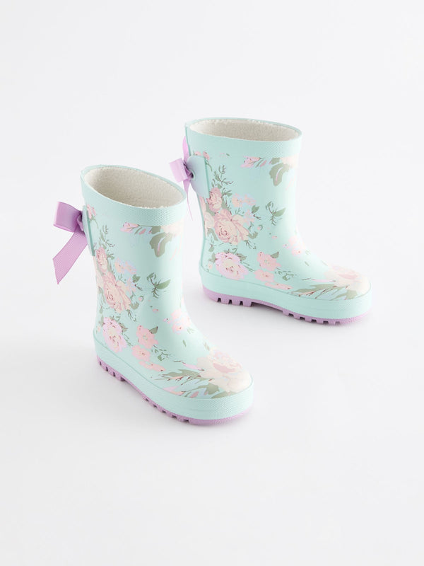 Turquoise Blue Floral Bow Wellies