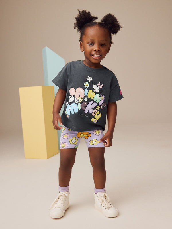 Charcoal & Lilac Mickey & Minnie Mouse Short Sleeve 100% Cotton T-Shirt and Cycle Shorts Set (3mths-7yrs)