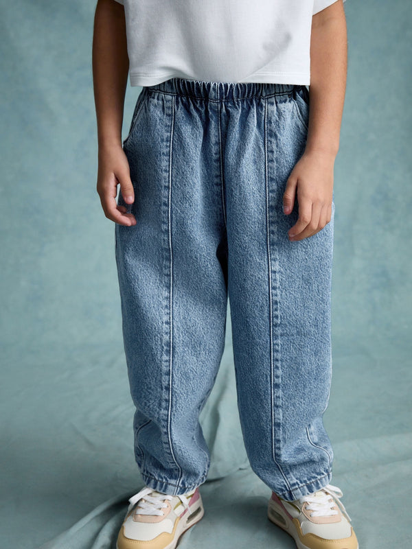 Mid Blue Denim Pull On Barrel 100% Cotton Jeans (3-16yrs)