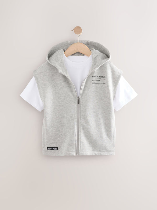 Grey/White Dropped Shoulder Sleeveless Zip Through Hoodie and T-Shirt Set (3-16yrs)
