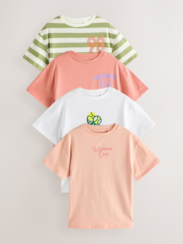 Orange/White/Green 100% Cotton Sports Slogan Oversized T-Shirts 4 Pack (3-16yrs)