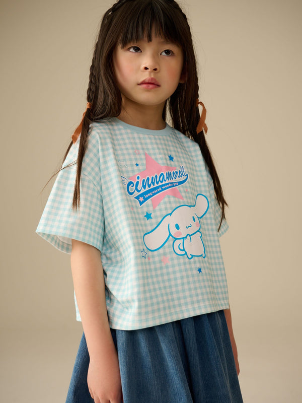 Blue Gingham Cinnamoroll Ruche Side 100% Cotton T-Shirt (3-16yrs)
