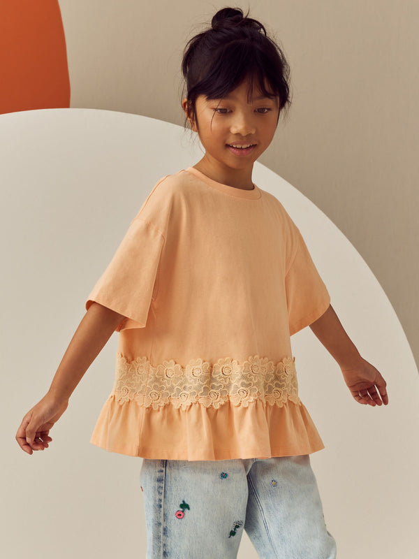 Orange Lace Frill Hem T-Shirt (3-16yrs)