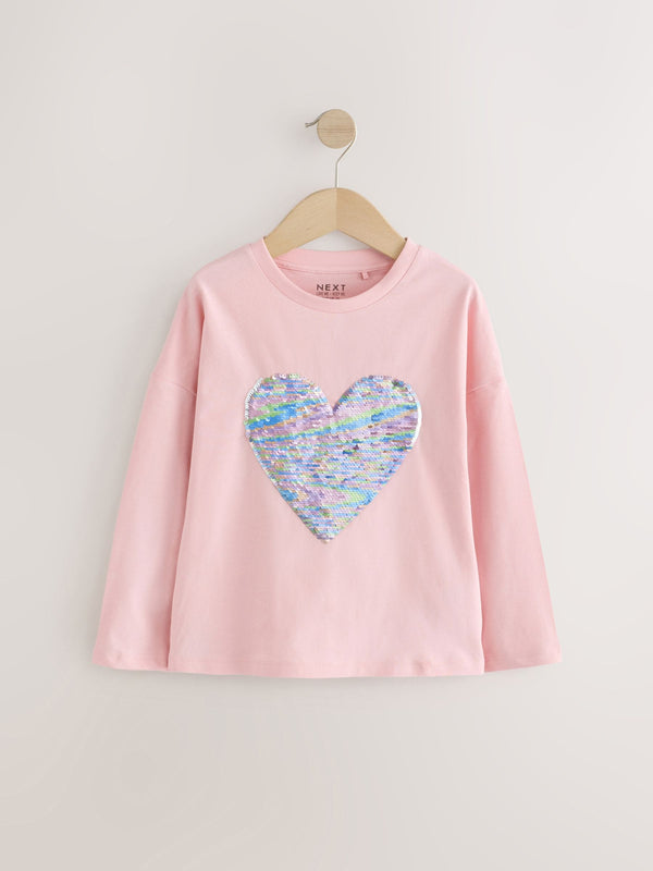 Light Pink 100% Cotton Sequin Heart Long Sleeve T-Shirt (3-16yrs)