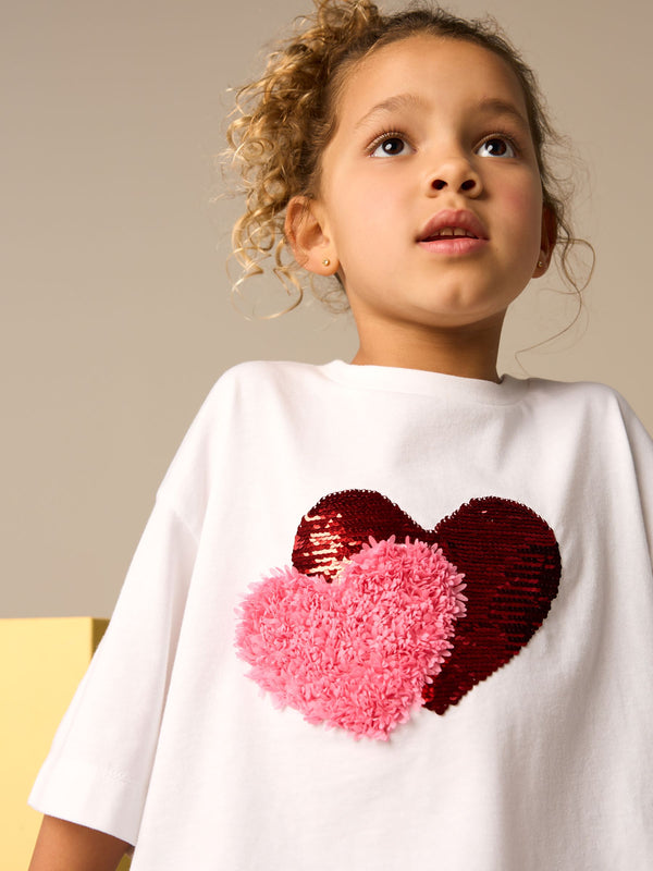 White Sequin Heart Print T-Shirt (3-16yrs)