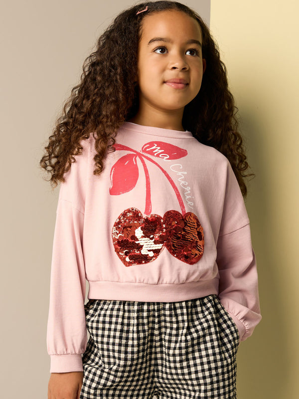 Pink Sequin Cherry Boxy Long Sleeve 100% Cotton Sweatshirt (3-16yrs)