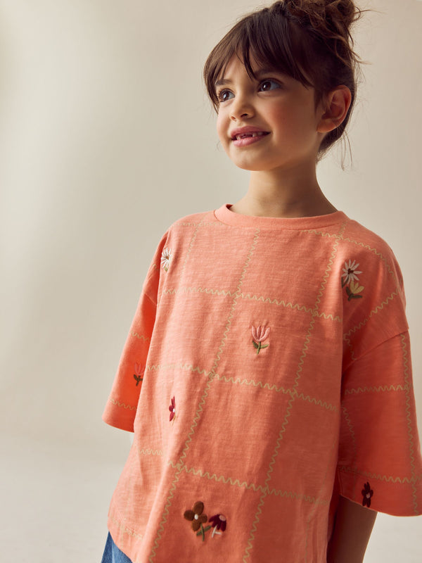 Orange Embroidered 100% Cotton Graphic Print T-Shirt (3-16yrs)