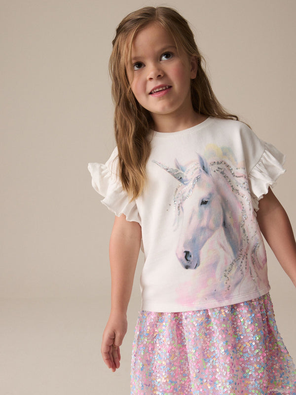 Ecru Sequin Unicorn Frill Sleeve T-Shirt (3-16yrs)