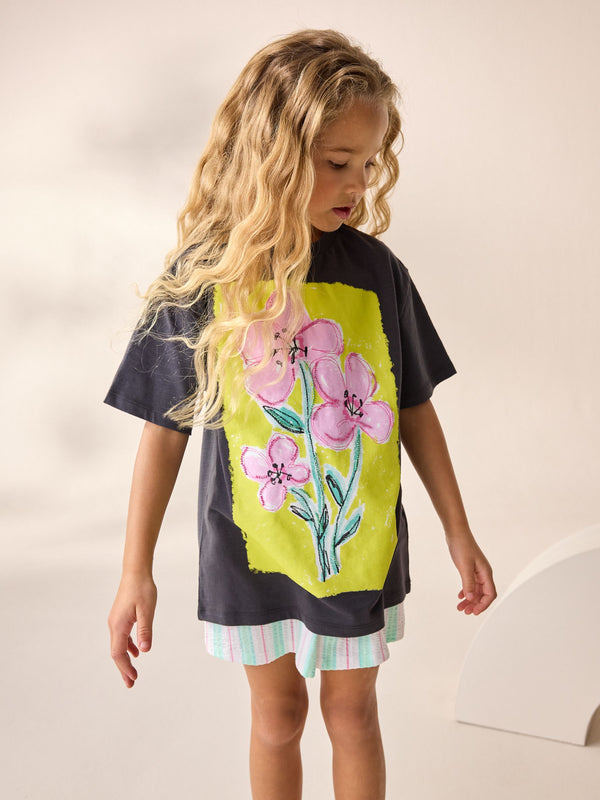 Charcoal Grey Oversized Sequin Graphic Print T-Shirt (3-16yrs)