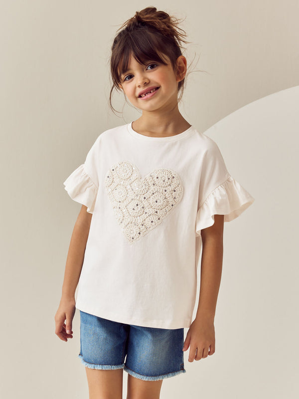 Ecru Sequin Crochet Heart Frill Sleeve T-Shirt (3-16yrs)