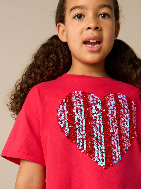 Red 100% Cotton Sequin Heart Print T-Shirt (3-16yrs)