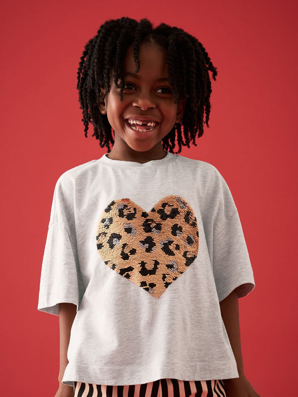 Grey Sequin Heart Print T-Shirt (3-16yrs)