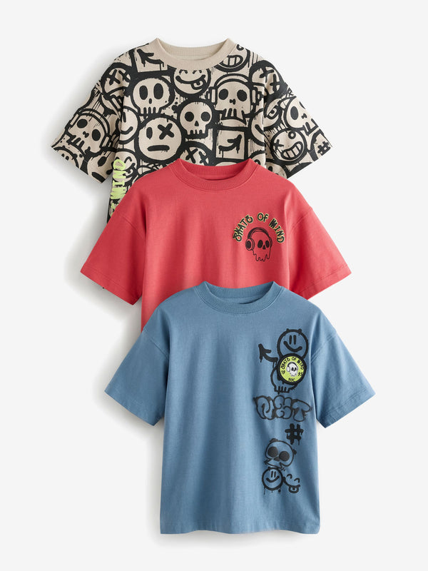 Red/Blue/Cement Graffiti Relaxed Fit Graphic Print Short Sleeve T-Shirts 3 Pack (3-16yrs)